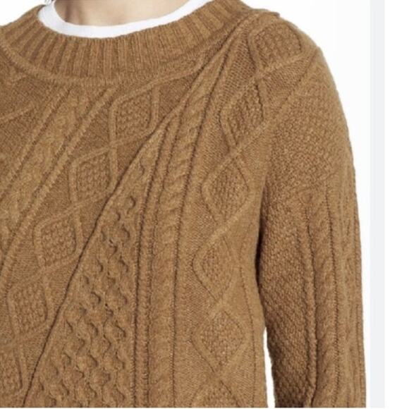 J. Crew Patchwork Cable Knit Wool Sweater Heather Teak Brown size small - Picture 2 of 12